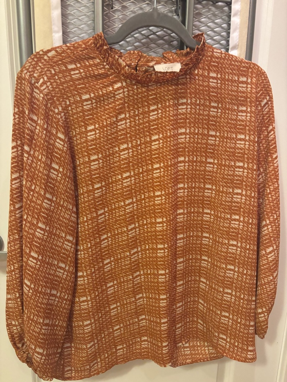 LOFT Burnt Orange & Cream Patterned Ruffle-Neck Blouse